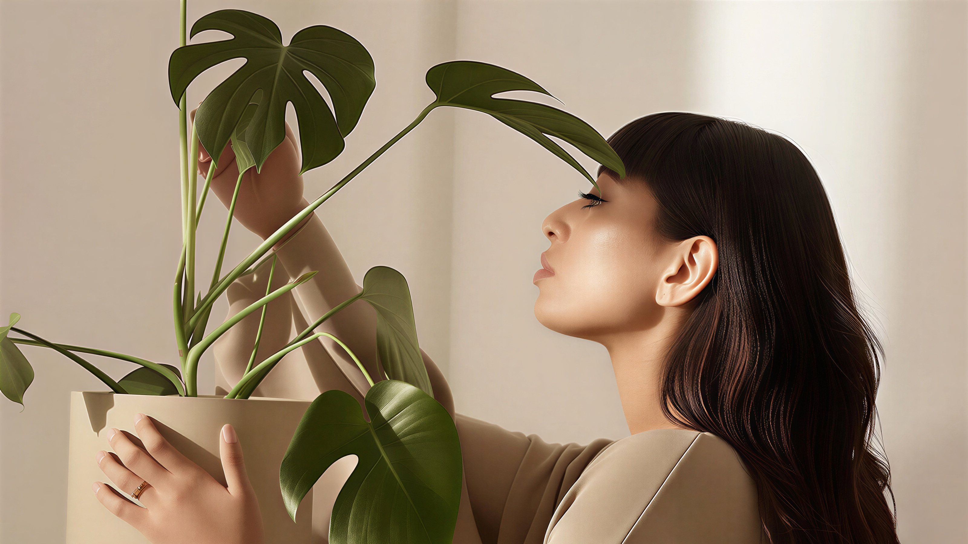 Woman interacting with a potted plant in a minimalistic setting