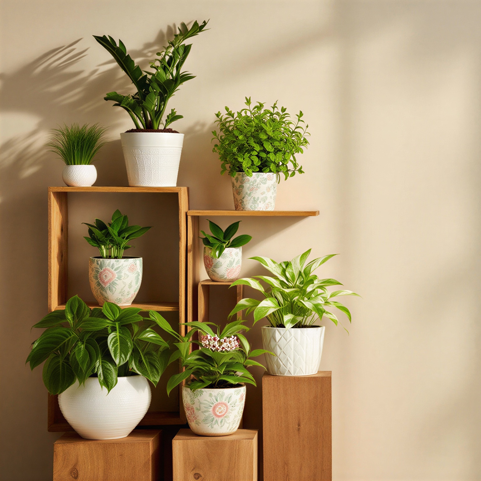 Wooden shelves with potted plants against a beige wall